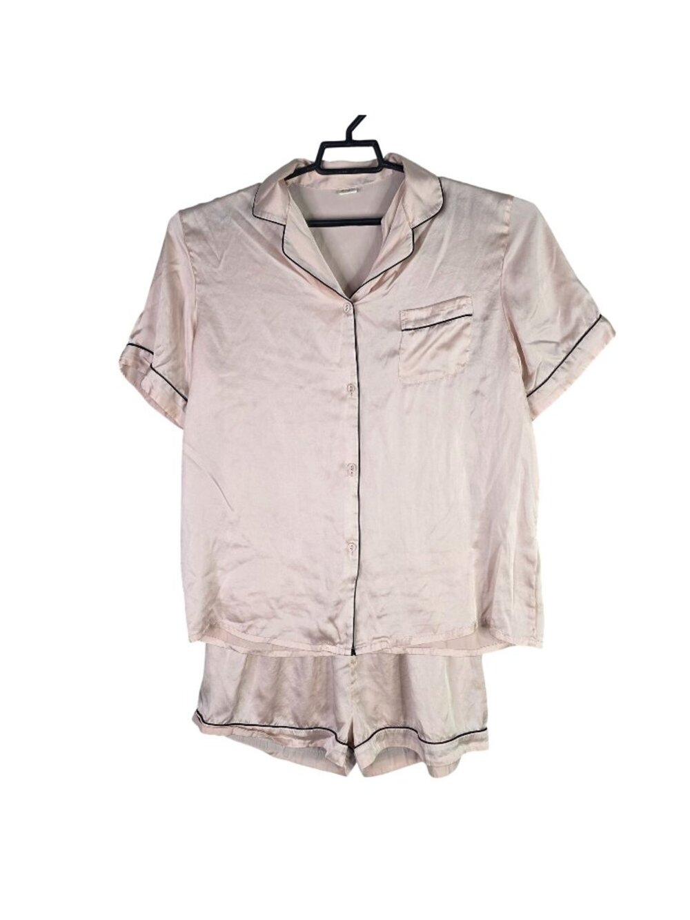 Womens Silk silky 100% Silk Pink Pajama Set Contrast Trim Button Up Top Size XL - Picture 1 of 14